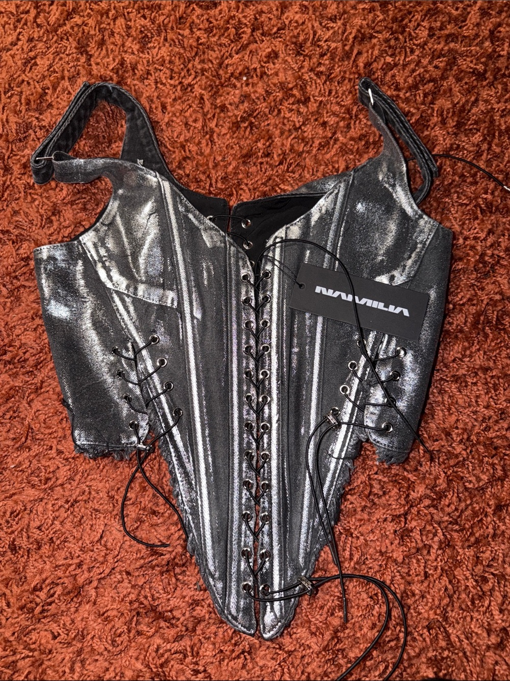 Metallic Silver Lace-Up Corset Top